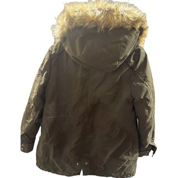 FOREVER 21 Parka Coat Womens Small Green Faux Fur Hooded Snap Front Inside Zip - Picture 6 of 6